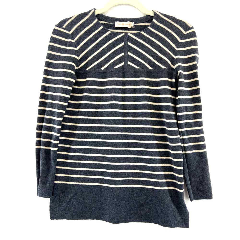Tory Burch Merino Wool Gray Stripe Seraphina Tunic Sweater Sz Small